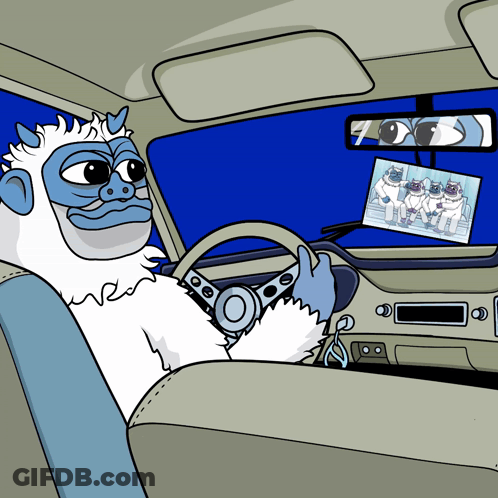 A Cartoon Of A Yeti Driving A Car With A Picture Of Yetis In The Rear View Mirror GIF