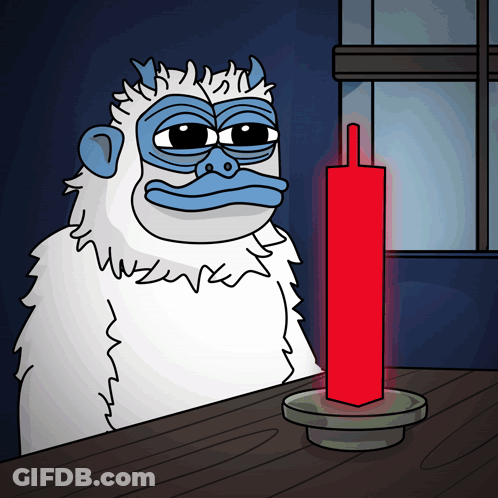 A Cartoon Of A Yeti Looking At A Red Candle On A Table GIF