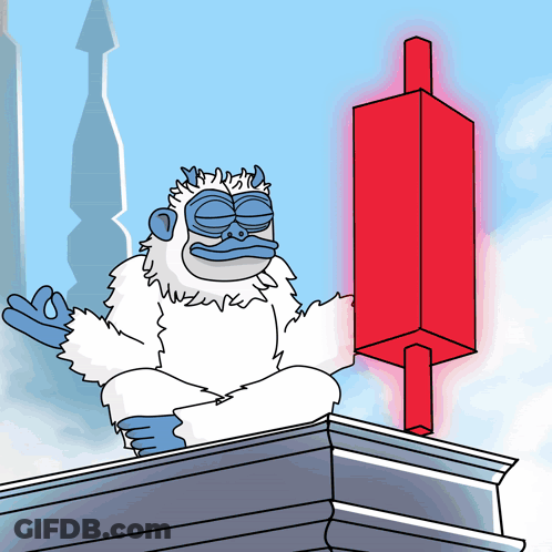 A Cartoon Of A Yeti Sitting On A Ledge Holding A Red Block GIF