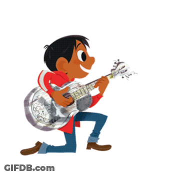 A Cartoon Of A Young Boy Playing A Guitar With Music Notes Coming Out Of It GIF