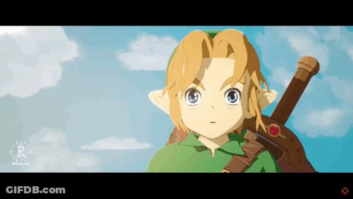 A Cartoon Of A Young Link Holding A Sword In Front Of A Blue Sky GIF