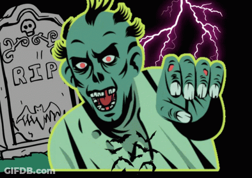 A Cartoon Of A Zombie Standing In Front Of A Gravestone That Reads Rip GIF
