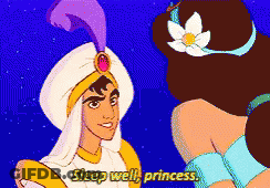 A Cartoon Of Aladdin And Jasmine With The Words Sleep Well Princess On The Bottom GIF