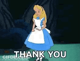 A Cartoon Of Alice From Alice In Wonderland Is Dancing And Saying Thank You . GIF