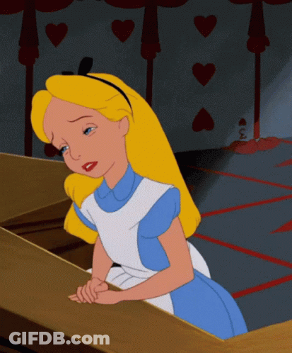 A Cartoon Of Alice From Alice In Wonderland Looking Down GIF