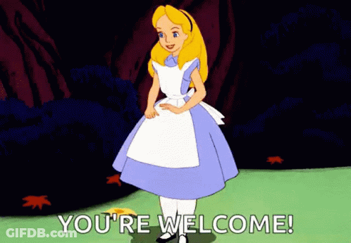 A Cartoon Of Alice From Alice In Wonderland Saying You 'Re Welcome . GIF