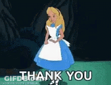 A Cartoon Of Alice From Alice In Wonderland Says " Thank You " GIF