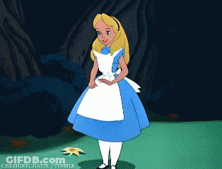 A Cartoon Of Alice From Alice In Wonderland Standing In Front Of A Tree GIF