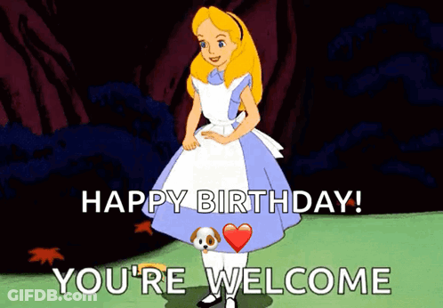 A Cartoon Of Alice From Alice In Wonderland Wishing Someone A Happy Birthday GIF