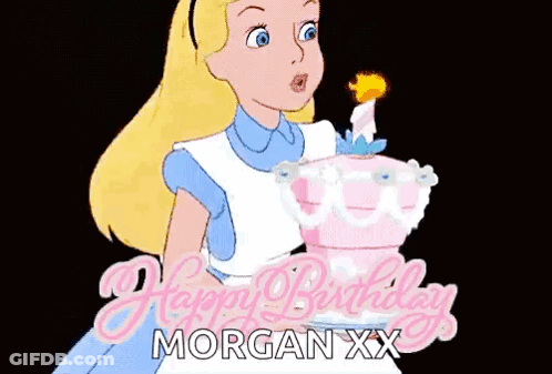 A Cartoon Of Alice In Wonderland Holding A Birthday Cake GIF