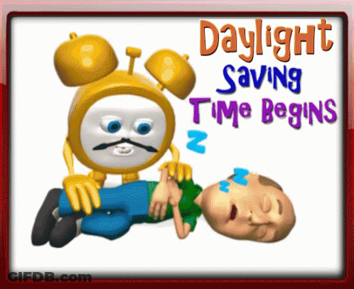 A Cartoon Of An Alarm Clock Laying On Top Of A Man With The Words Daylight Saving Time Begins Below It GIF