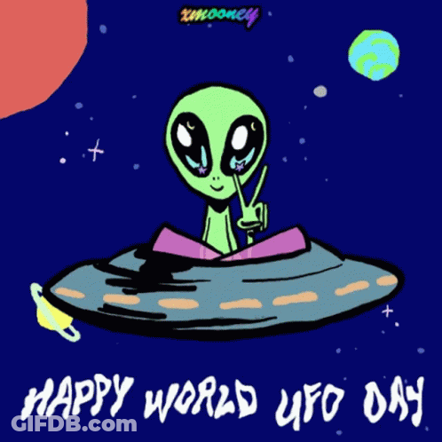 A Cartoon Of An Alien In A Flying Saucer With The Words Happy World Ufo Day GIF