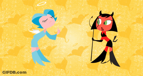 A Cartoon Of An Angel And A Devil Standing Next To Each Other On A Yellow Background GIF