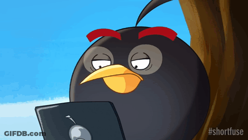 A Cartoon Of An Angry Bird Looking At A Laptop Computer GIF