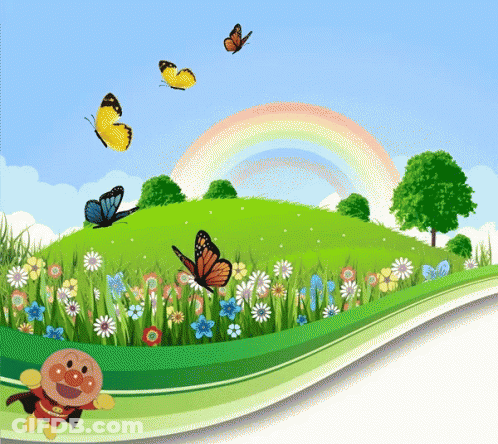 A Cartoon Of An Anpanman Flying Over A Field Of Flowers And Butterflies GIF