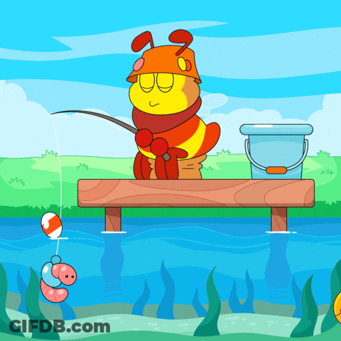 A Cartoon Of An Ant Fishing On A Dock GIF