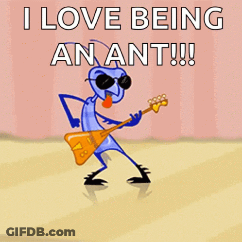 A Cartoon Of An Ant Playing A Guitar With The Words I Love Being An Ant GIF