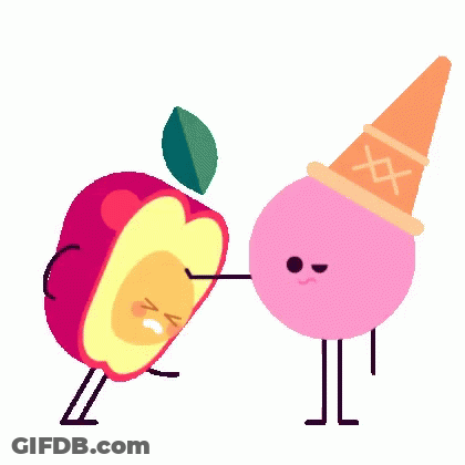 A Cartoon Of An Apple And An Ice Cream Cone Standing Next To Each Other GIF