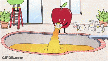 A Cartoon Of An Apple Drinking Juice From A Bottle GIF