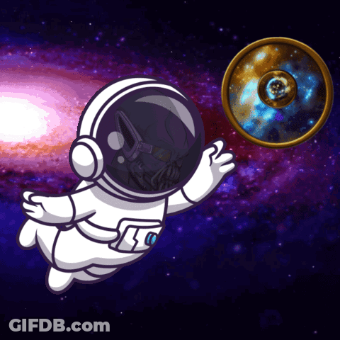 A Cartoon Of An Astronaut Flying Through Space With A Galaxy In The Background GIF