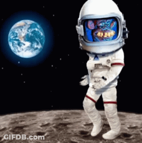 A Cartoon Of An Astronaut Standing On The Moon With The Earth In The Background GIF