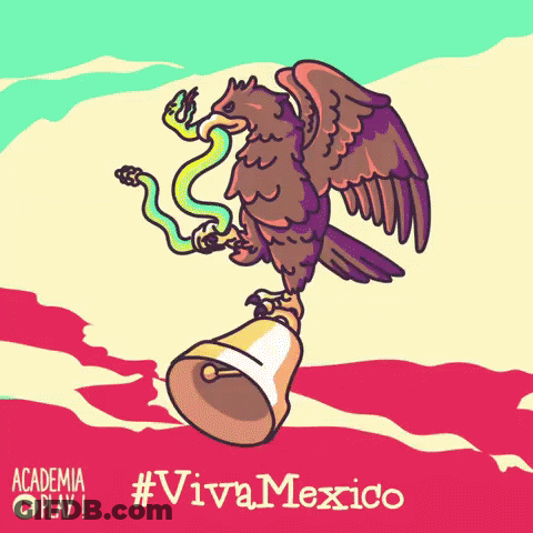 A Cartoon Of An Eagle Holding A Bell And A Snake With The Words #Viva Mexico Below It GIF