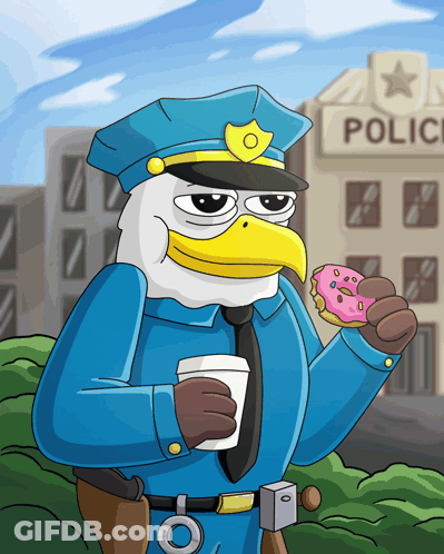 A Cartoon Of An Eagle Police Officer Eating A Donut And Drinking Coffee GIF