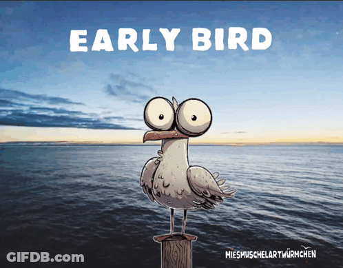 A Cartoon Of An Early Bird Standing On A Pole GIF