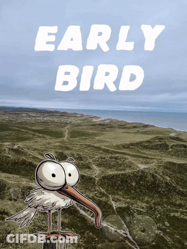 A Cartoon Of An Early Bird Standing On A Post Overlooking A Landscape GIF