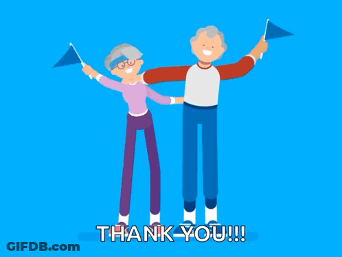 A Cartoon Of An Elderly Couple Holding Flags With The Words Thank You Written Beneath Them GIF