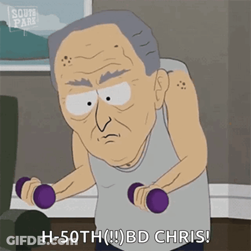 A Cartoon Of An Elderly Man Lifting Dumbbells And Saying `` H-50Th ( !! ) Bd Chris! '' GIF