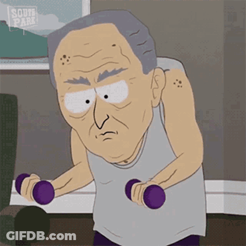 A Cartoon Of An Elderly Man Lifting Dumbbells From South Park GIF