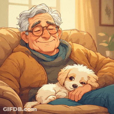 A Cartoon Of An Elderly Man Sitting In A Chair With His Eyes Closed Holding A Small Dog GIF
