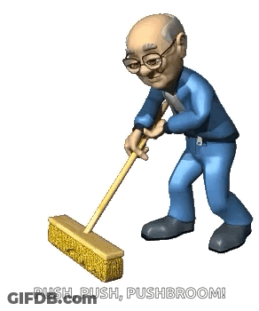 A Cartoon Of An Elderly Man Sweeping The Floor With The Words Push Push Pushbroom Behind Him GIF