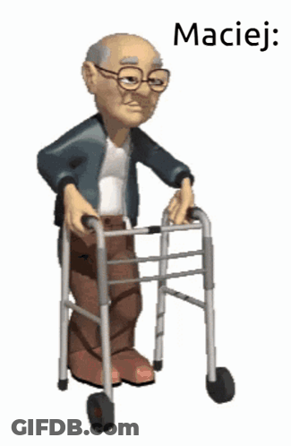 A Cartoon Of An Elderly Man Using A Walker With The Word Maciej Written Below Him GIF