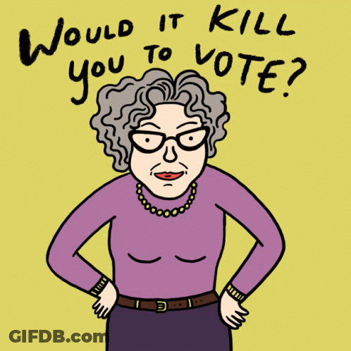 A Cartoon Of An Elderly Woman Giving The Middle Finger And The Words " Would It Kill You To Vote " GIF