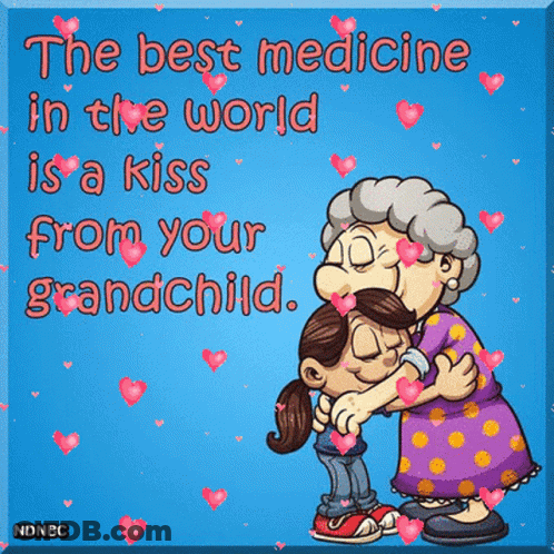 A Cartoon Of An Elderly Woman Hugging A Young Girl With A Quote About The Best Medicine In The World GIF