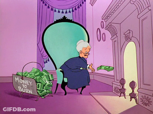 A Cartoon Of An Elderly Woman Sitting In A Chair With A Basket Of Money To Burn GIF