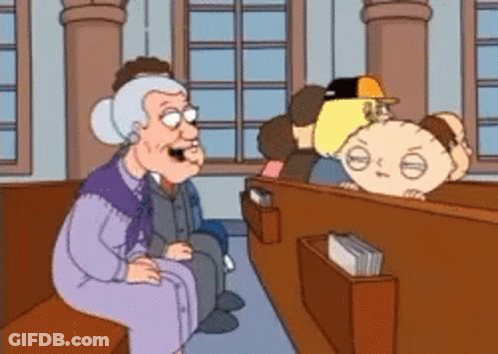 A Cartoon Of An Elderly Woman Sitting In A Church Talking To A Baby Stewie GIF