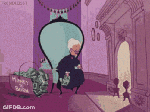 A Cartoon Of An Elderly Woman Sitting In Front Of A Fireplace With A Basket Full Of Money GIF