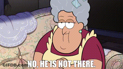 A Cartoon Of An Elderly Woman Sitting On A Couch Says No He Is Not There GIF
