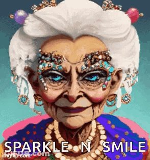 A Cartoon Of An Elderly Woman With Rhinestones On Her Face And A Necklace . GIF