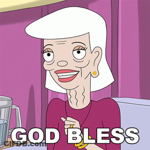A Cartoon Of An Elderly Woman With The Words God Bless Written Below Her GIF
