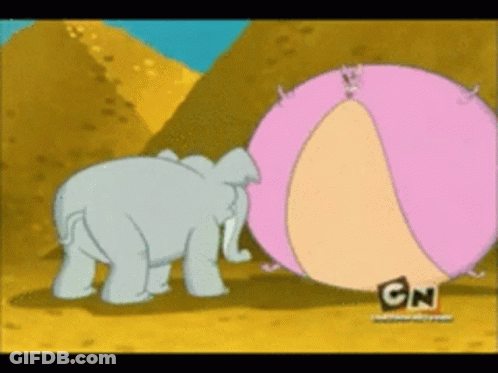 A Cartoon Of An Elephant Standing Next To A Pink Ball With Cn Written On It GIF
