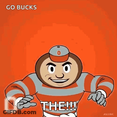 A Cartoon Of An Ohio State Mascot With His Arms In The Air GIF