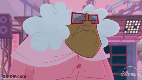 A Cartoon Of An Old Lady With Glasses And A Disney Logo On The Bottom GIF