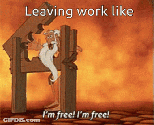 A Cartoon Of An Old Man In A Stockade With The Caption Leaving Work Like I 'M Free I 'M Free ! GIF