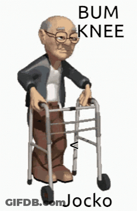A Cartoon Of An Old Man Using A Walker With The Words `` Bum Knee Jocko '' Written On It . GIF
