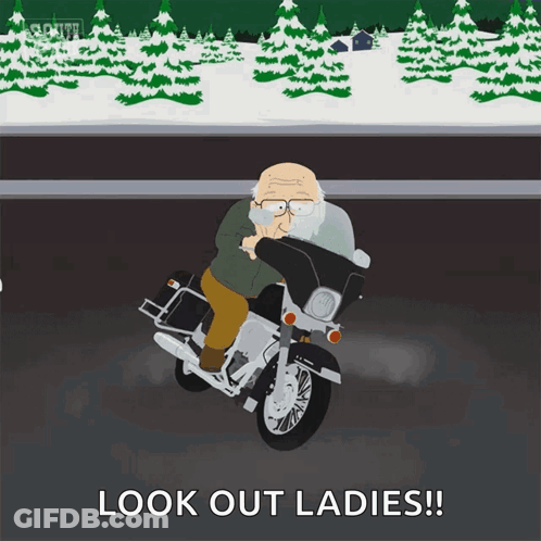 Older Man Riding Motorcycle With Look Out Ladies GIF