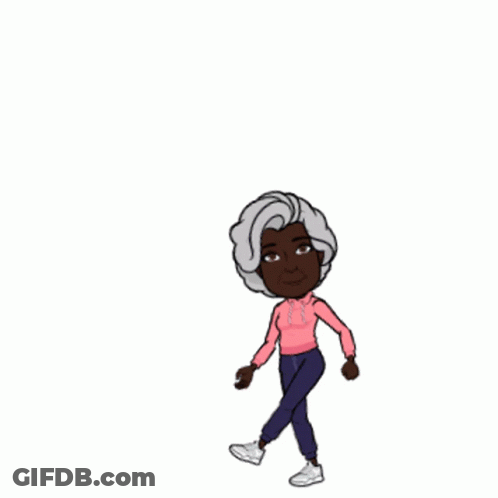 A Cartoon Of An Older Woman With Gray Hair And A Pink Hoodie Is Standing On One Leg . GIF